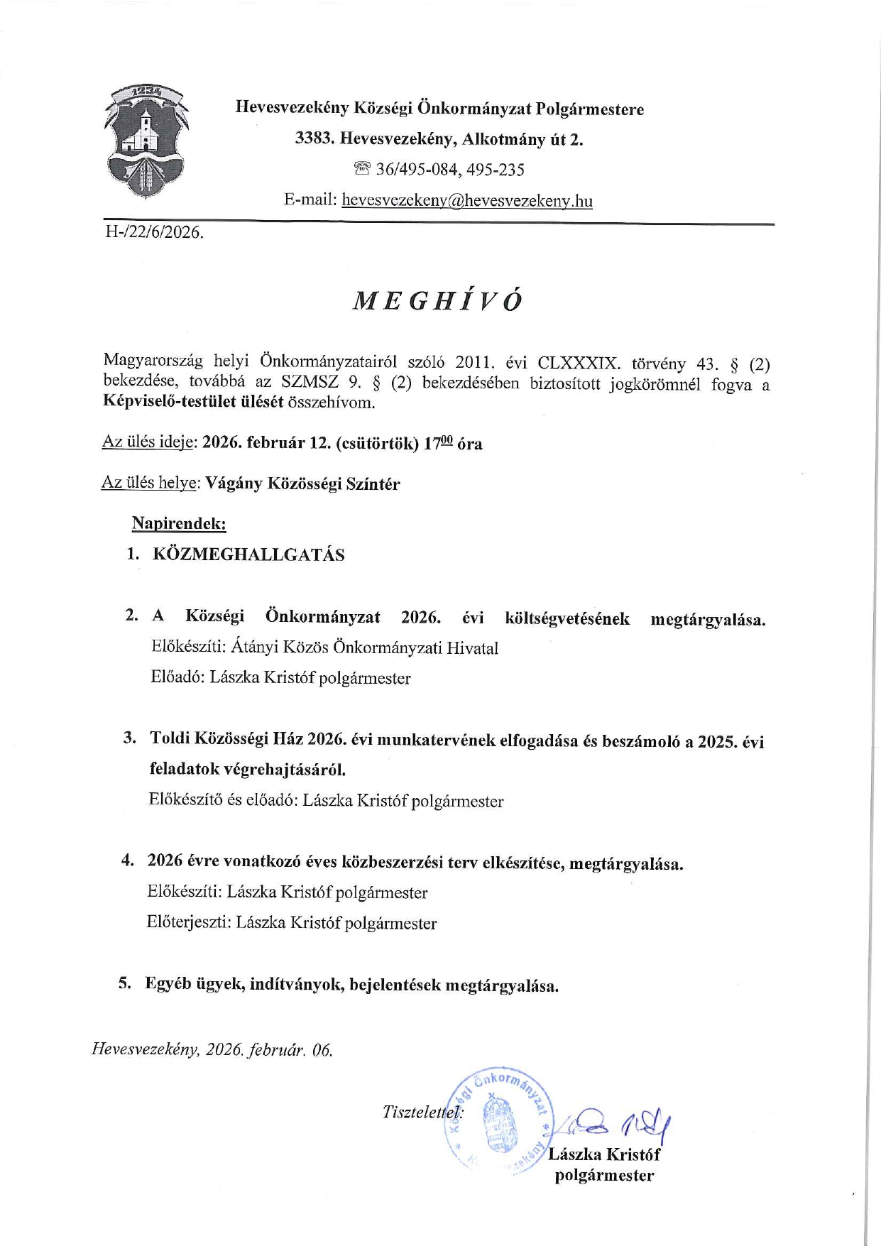 Meghívó 2026.02.12. Képviselő-testületi ülés